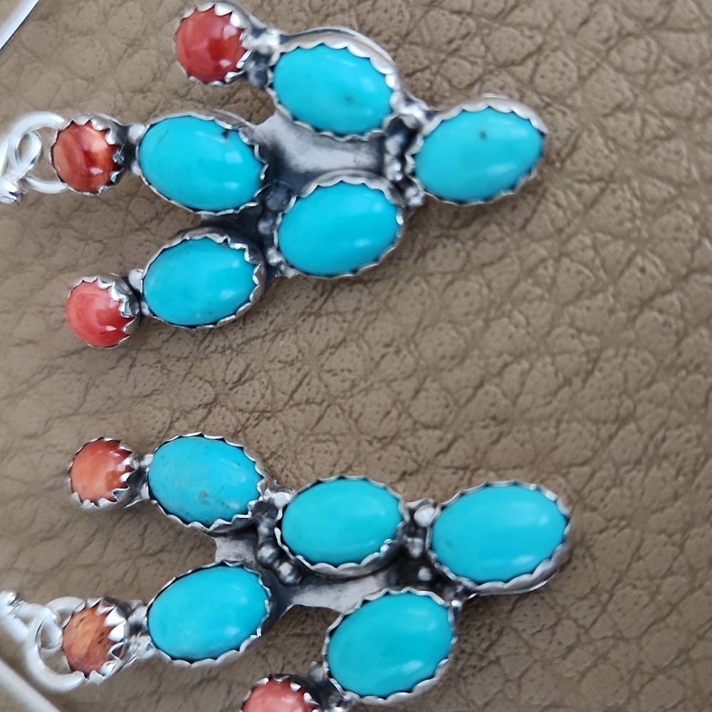 NWT Native American Navajo Turquoise Cactus Dangle Earrings 🩵🌵🧡 - Picture 4 of 12